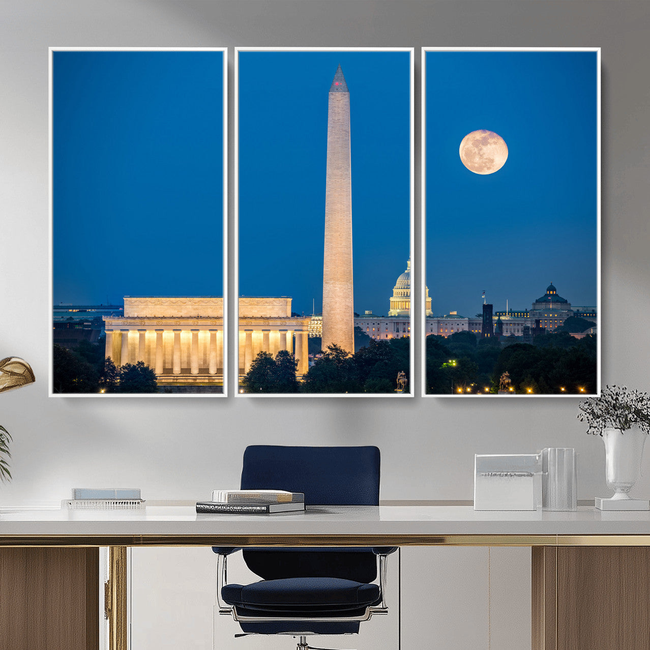 96712946-MGV-CV-36X24 - Washington DC Skyline Wall Art Canvas Print – Lincoln Memorial, Washington Monument and US Capitol Night Cityscape Artwork