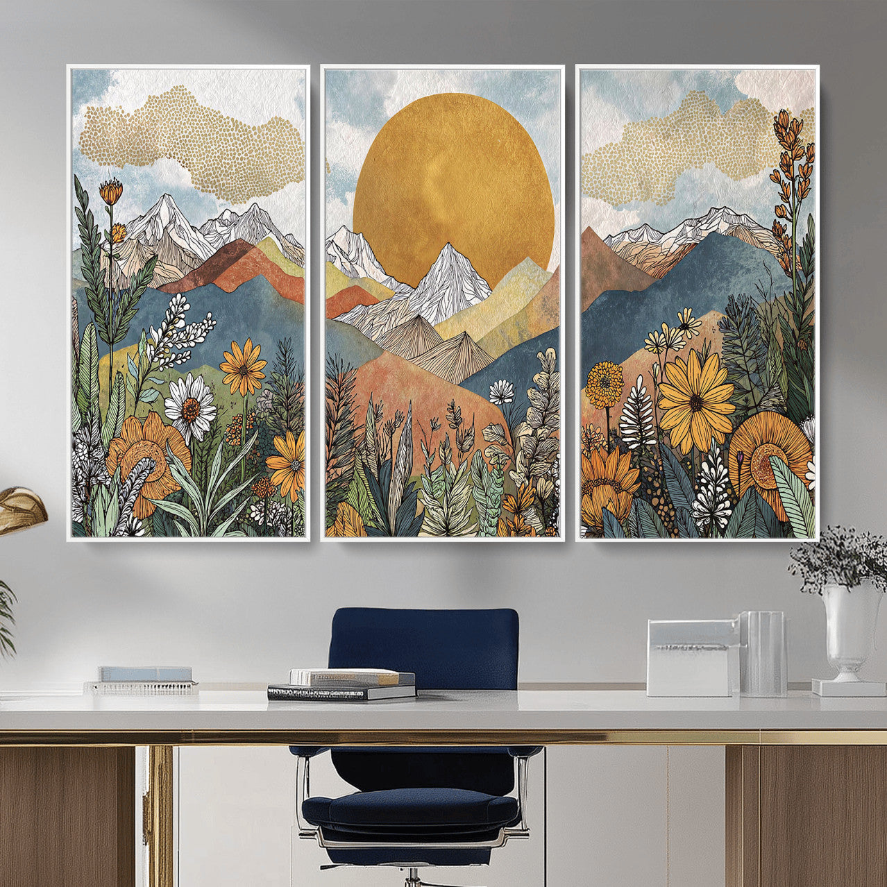 17540863-MGV-CV-36X24 - Boho Mountain Landscape Large Wall Art, Horizontal Gold Framed Canvas Print with Sun and Flowers