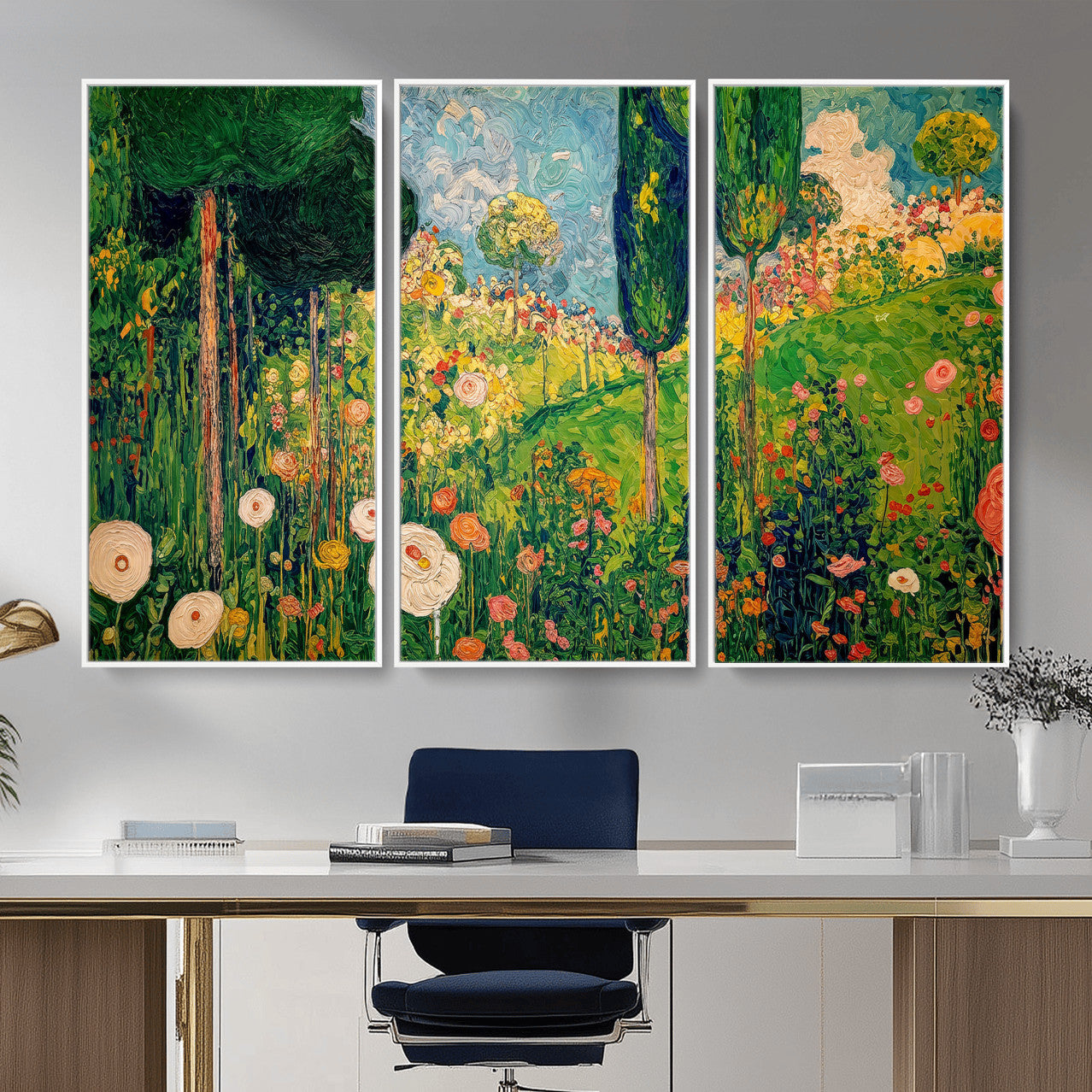 83517974-MGV-CV-36X24 - Gustav Klimt Boho Mountain Landscape Large Wall Art, Horizontal Gold Framed Canvas Print with Sun and Flowers