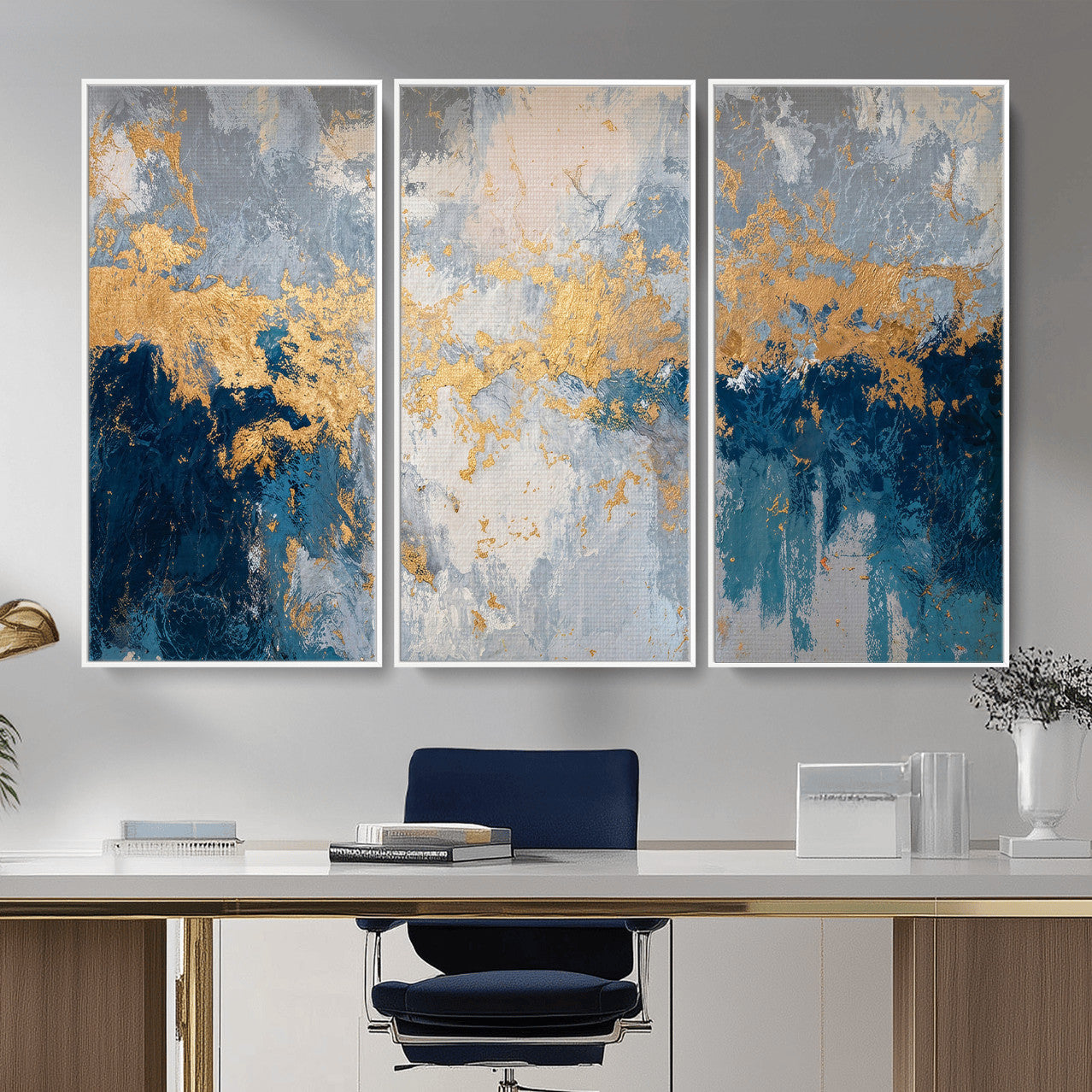 65386119-MGV-CV-36X24 - Blue Gold Abstract Large Framed Canvas Wall Art, Modern Luxury Painting Print in Horizontal Oversized Minimal Wall Decor Artwork