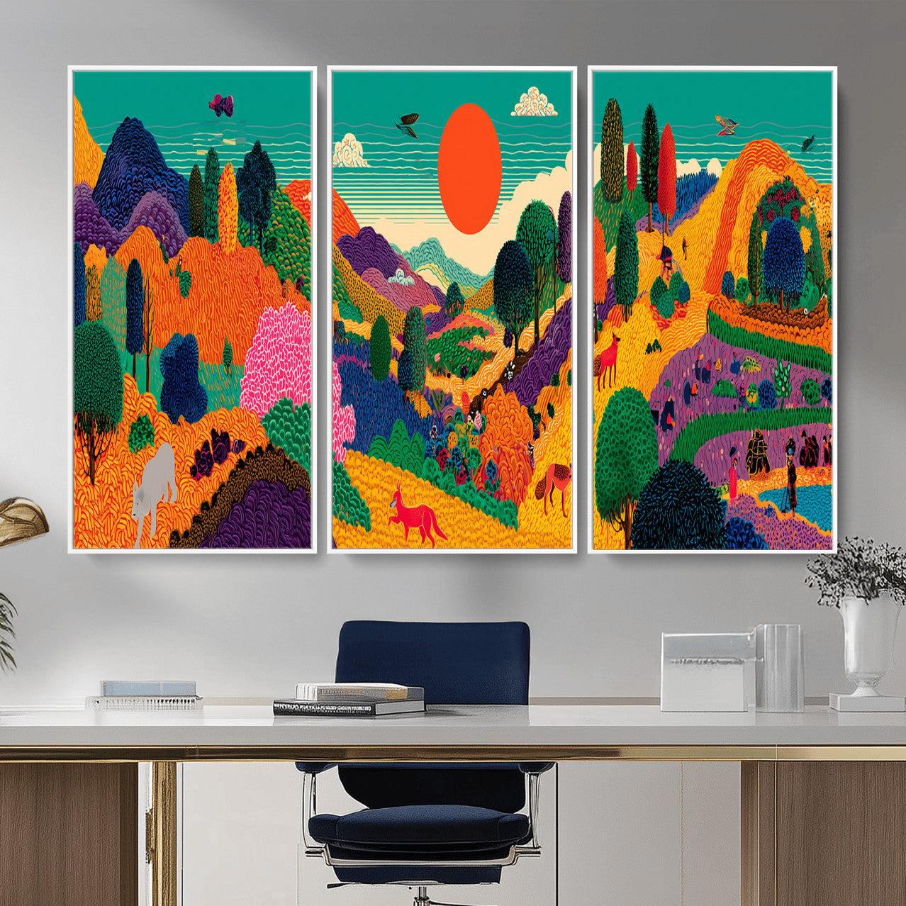 45710397-MGV-CV-48X32-3P - Colorful Japanese Landscape Print: Maximalist Panoramic Wall Art