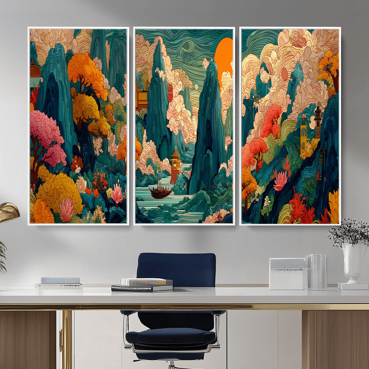 90422518-MGV-CV-48X32-3P - Colorful Japanese Landscape Print: Maximalist Panoramic Wall Art