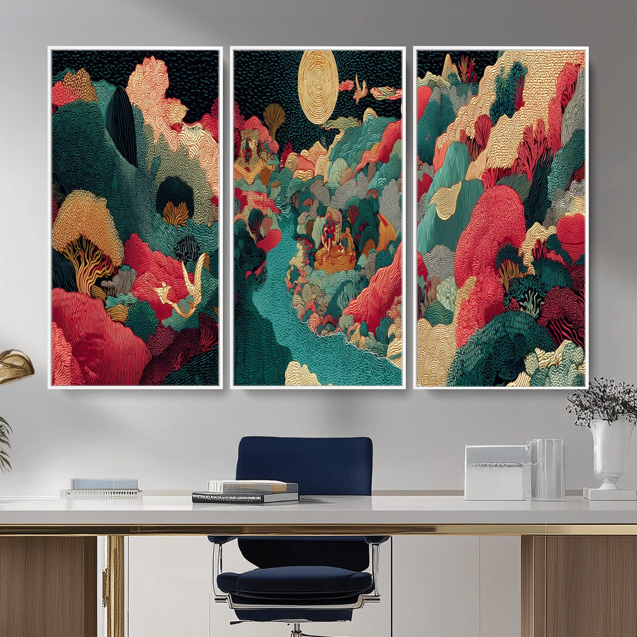 36816259-MGV-CV-48X32-3P - Colorful Japanese Landscape Print: Maximalist Panoramic Wall Art
