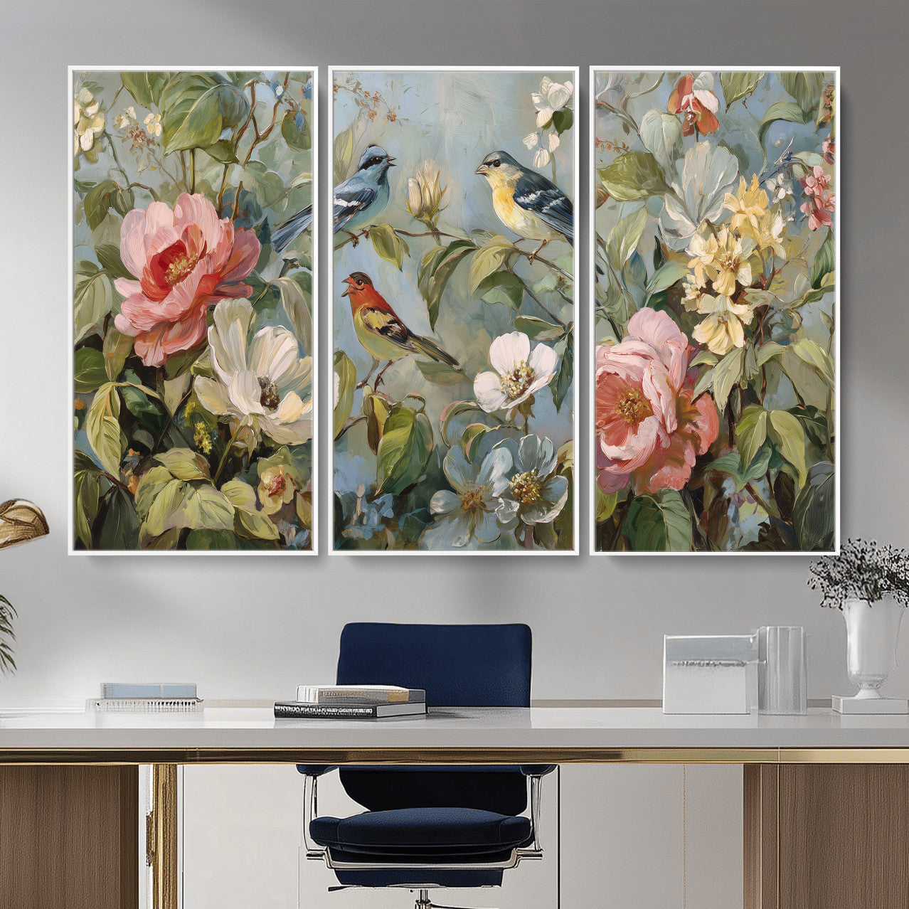 55440837-MGV-CV-36X24 - Vintage Birds and Flowers Wall Art Canvas Print, Botanical Bird Painting Canvas Print, Floral Garden Bird Artwork Canvas Print, Classic Bird Flower Painting Canvas Print