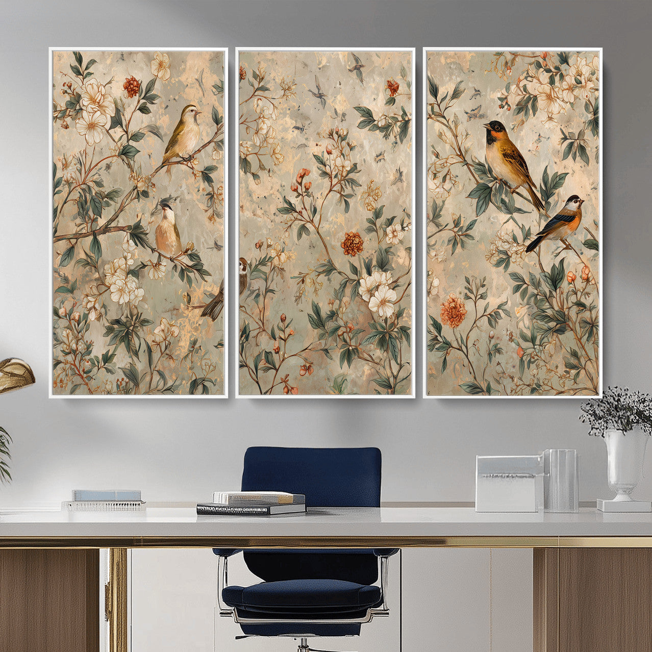 76588438-MGV-CV-36X24 - Vintage Birds and Flowers Wall Art Canvas Print, Botanical Bird Painting Canvas Print, Floral Garden Bird Artwork Canvas Print, Classic Bird Flower Painting Canvas Print