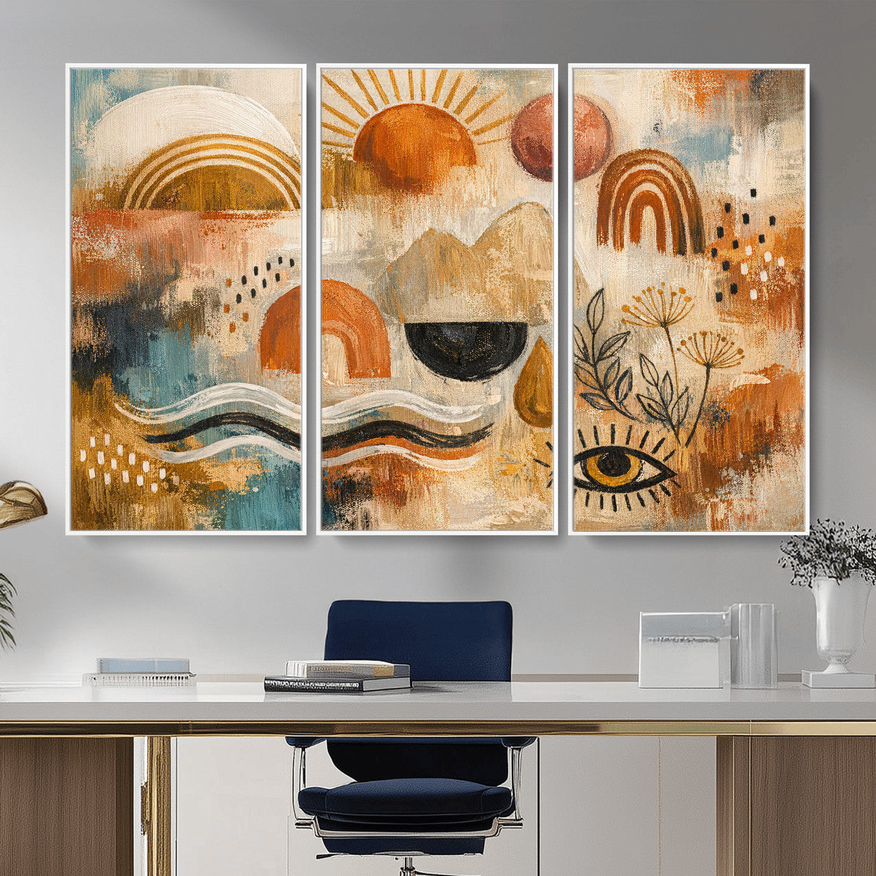 52155239-MGV-CV-36X24 - Geometric Boho Abstract Wall Art Canvas Print, Orange Blue Abstract Expressionist Painting Print, Modern Geometric Abstract Canvas Art