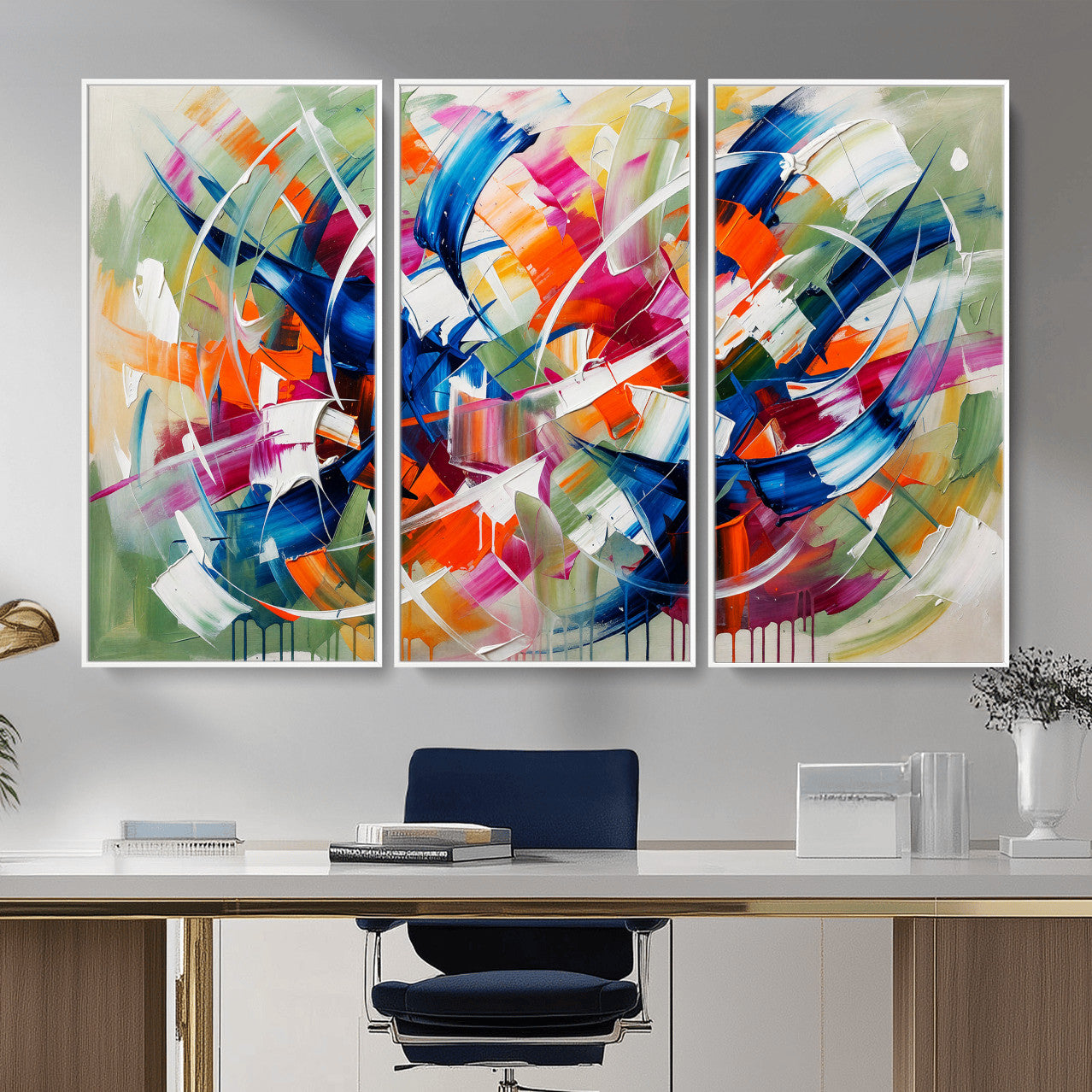 15032888-MGV-CV-36X24 - Geometric Abstract Wall Art Canvas Print, Orange Blue Abstract Expressionist Painting Print, Modern Geometric Abstract Canvas Art