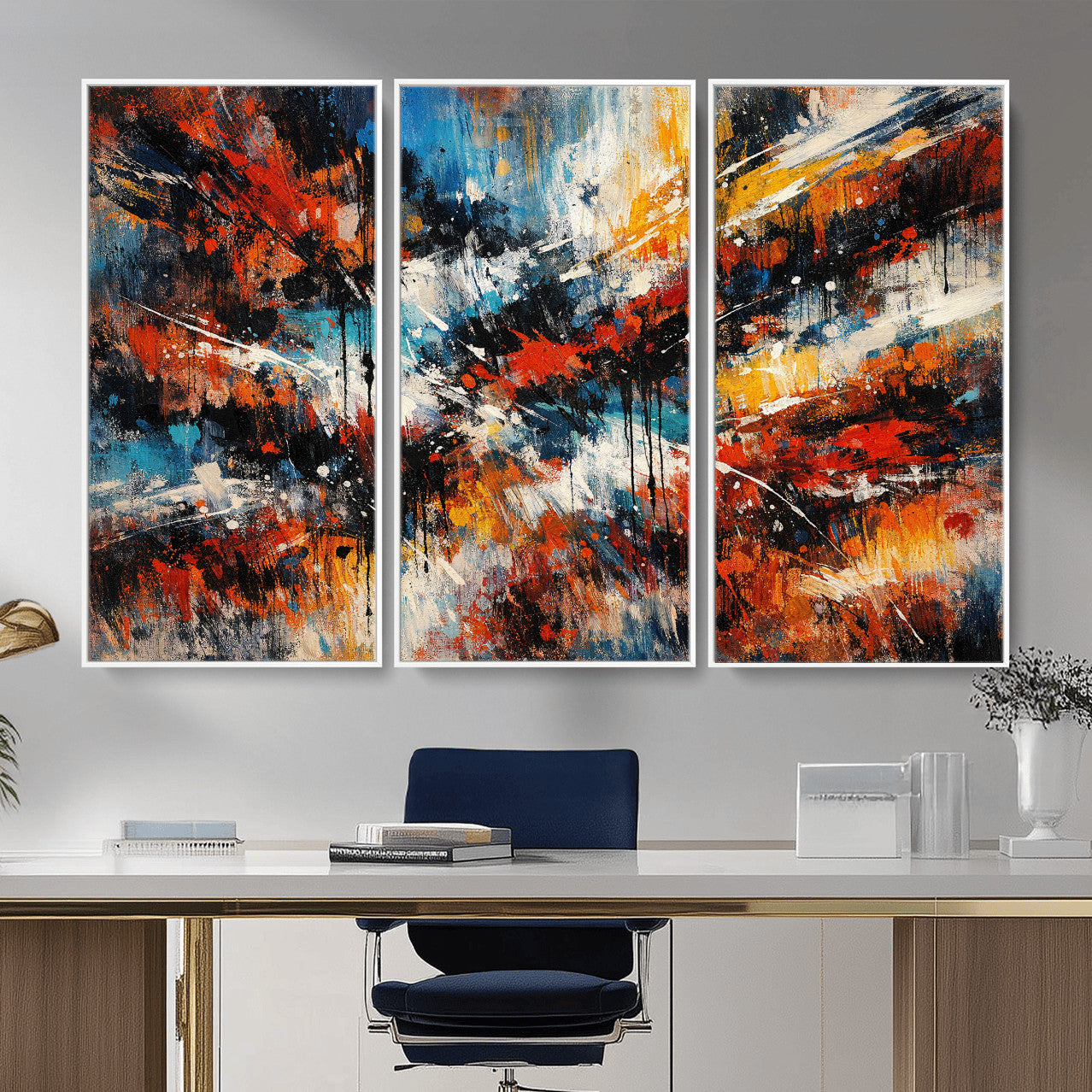80276069-MGV-CV-36X24 - Geometric Abstract Wall Art Canvas Print, Orange Blue Abstract Expressionist Painting Print, Modern Geometric Abstract Canvas Art