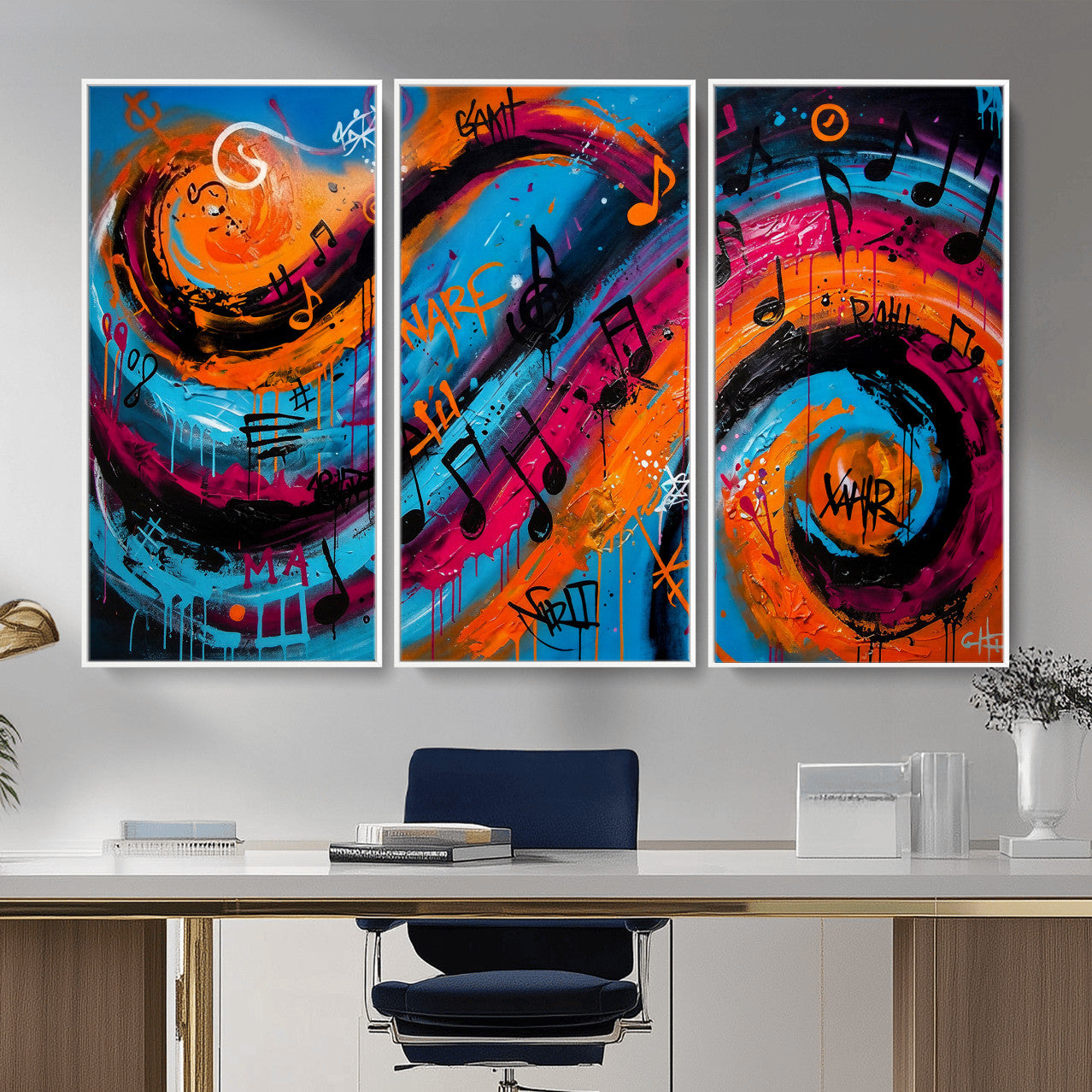 34936518-MGV-CV-36X24 - Geometric Abstract Wall Art Canvas Print, Orange Blue Abstract Expressionist Painting Print, Modern Geometric Abstract Canvas Art