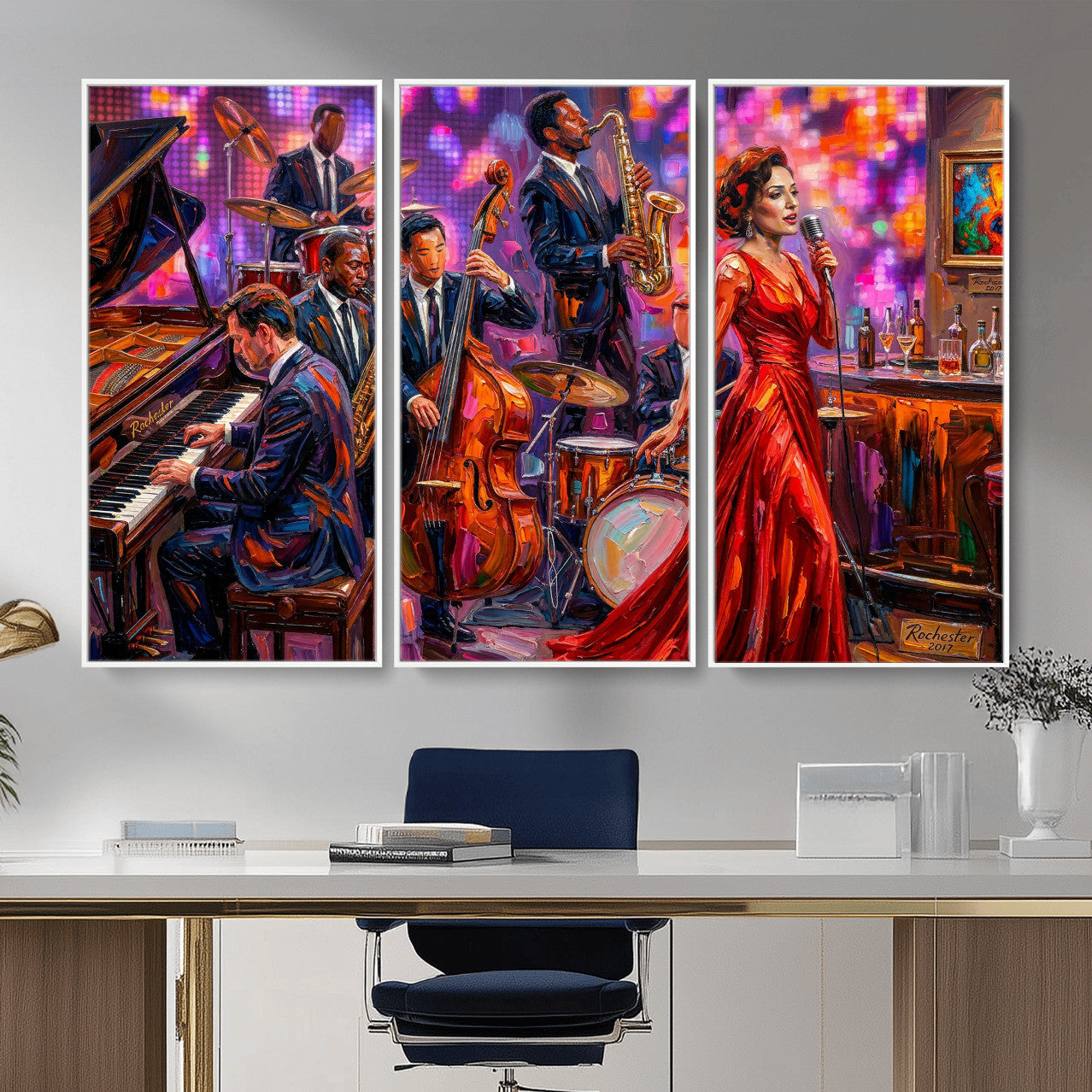 620930J20-MGV-CV-36X24 - Jazz Band Canvas Wall Art — Jazz Club Singer Saxophone Print | Music Wall Decor | Bar Restaurant Art | Music Lover Gift | Jazz Home Decor