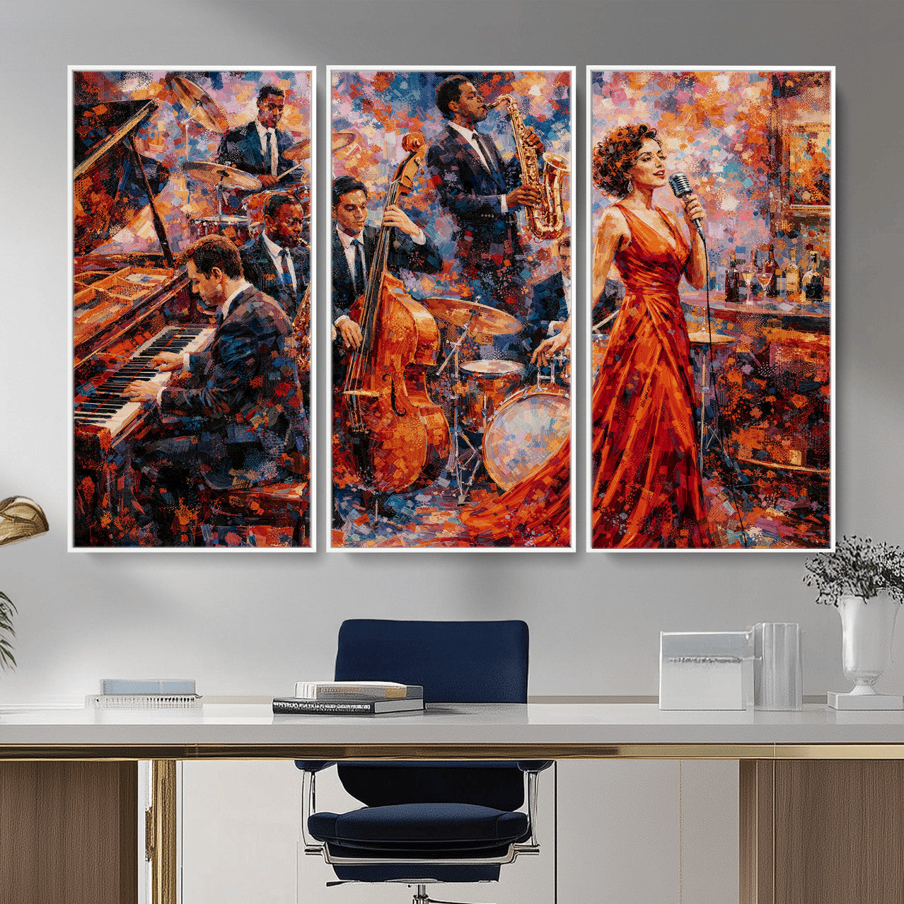 620930SF20-MGV-CV-36X24 - Jazz Band Canvas Wall Art — Jazz Club Singer Saxophone Print | Music Wall Decor | Bar Restaurant Art | Music Lover Gift | Jazz Home Decor