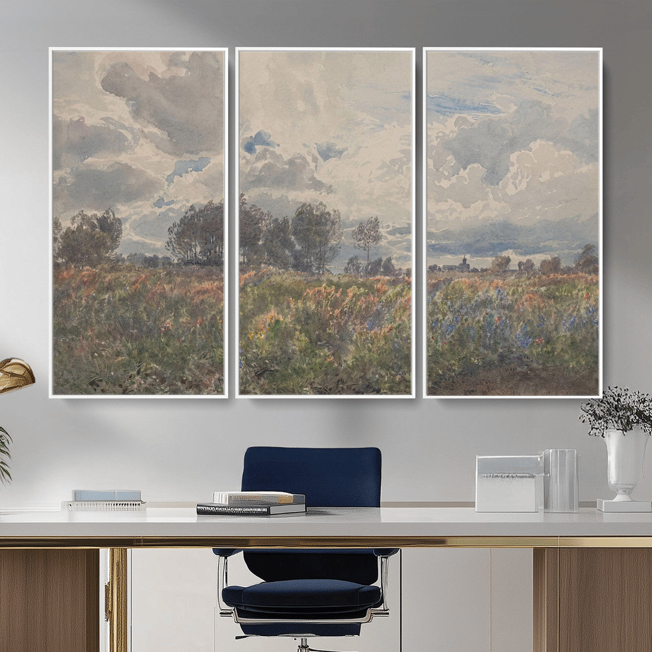 76626885-MGV-CV-36X24 - Vintage Watercolor Meadow Canvas Wall Art — English Pastoral Wildflower Storm Sky Print | Cottagecore Nature Decor | Classic Landscape Gift