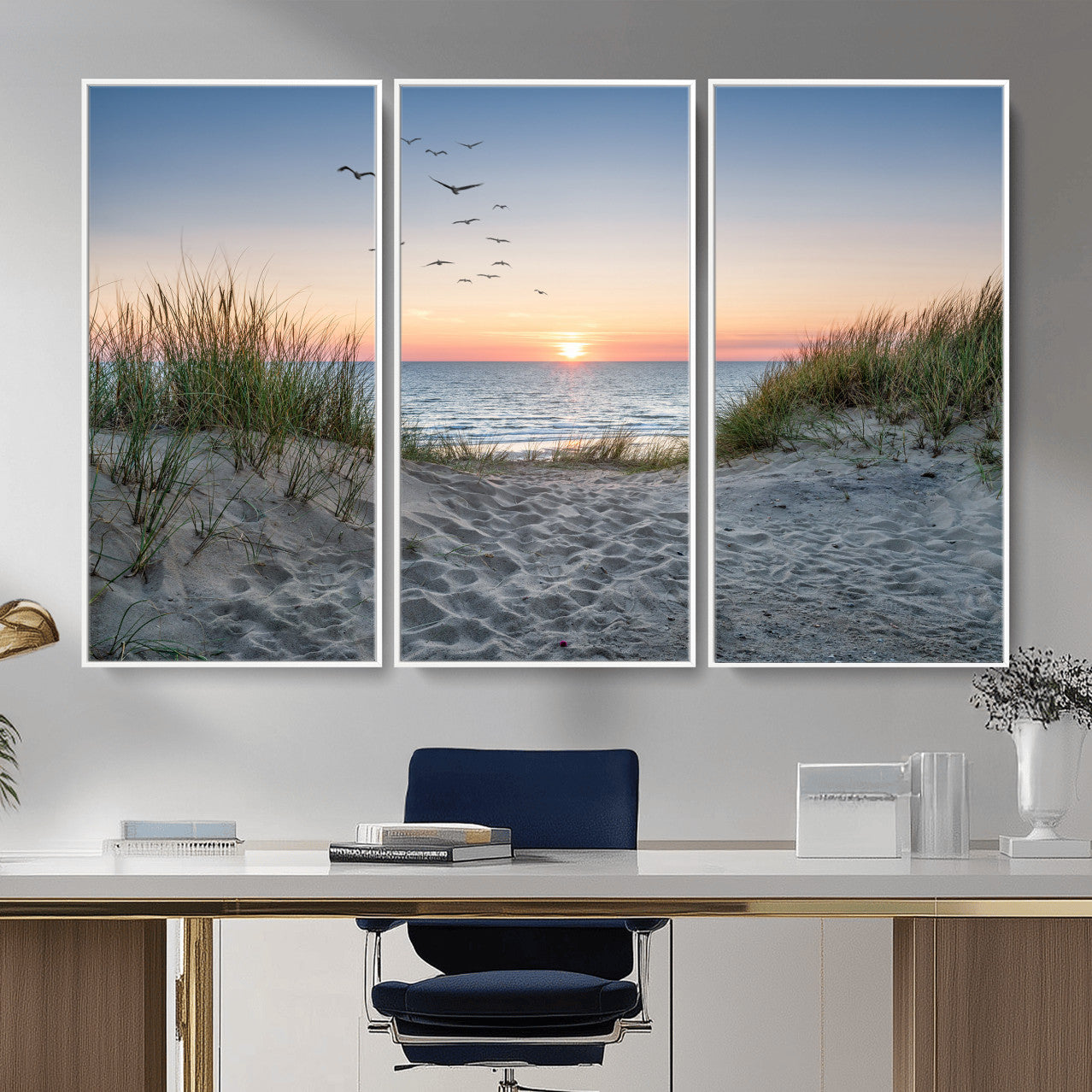 12172032-MGV-CV-36X24 - Sandy Dune Path Sunset Canvas Wall Art — Seagulls Beach Ocean Photography Print | Coastal Home Decor | Nautical Wall Art | Beach House Gift