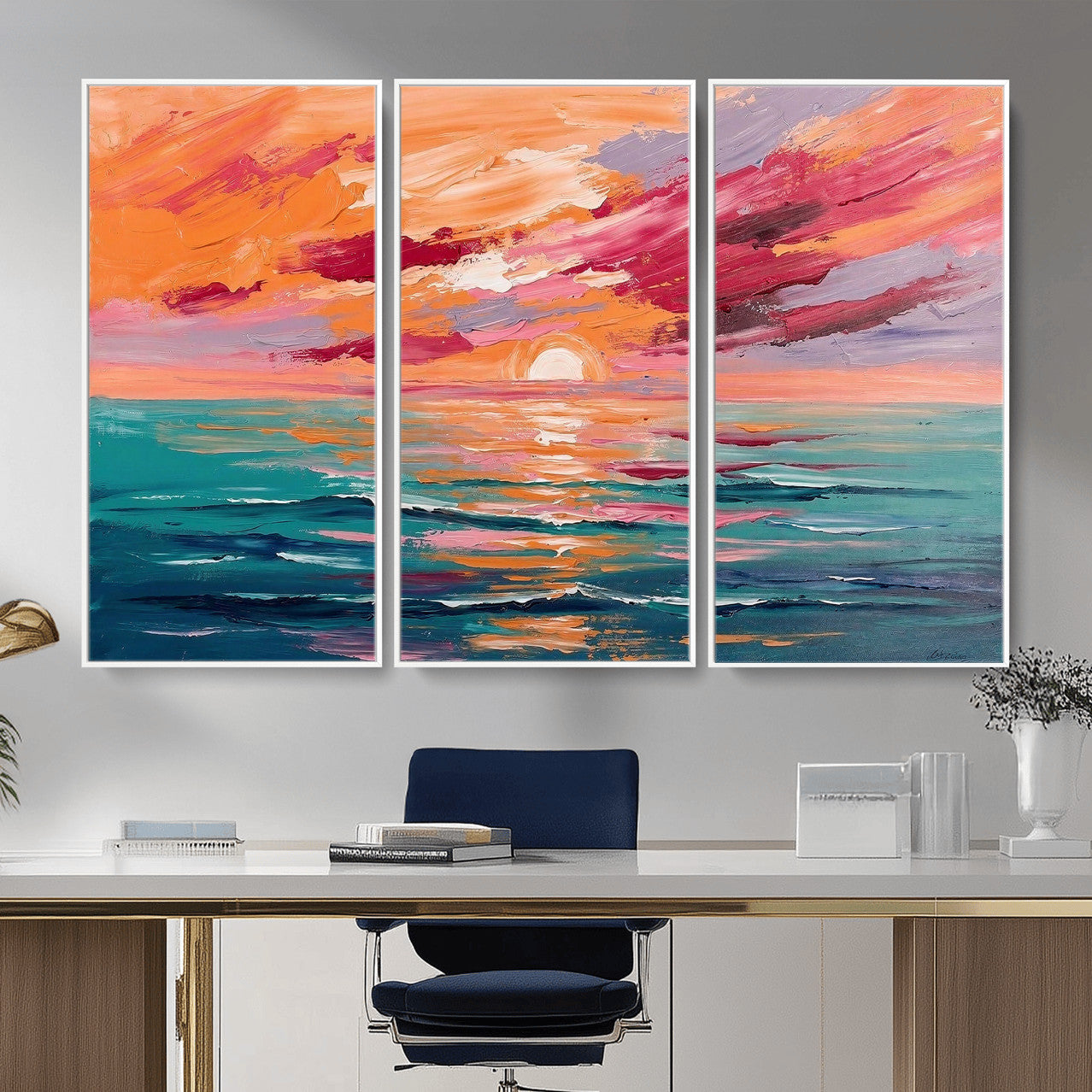 26763902-MGV-CV-36X24 - Bold Palette Knife Ocean Sunset Canvas — Orange Pink Teal Expressionist Sea Print | Colorful Coastal Wall Art | Vibrant Beach Decor Gift