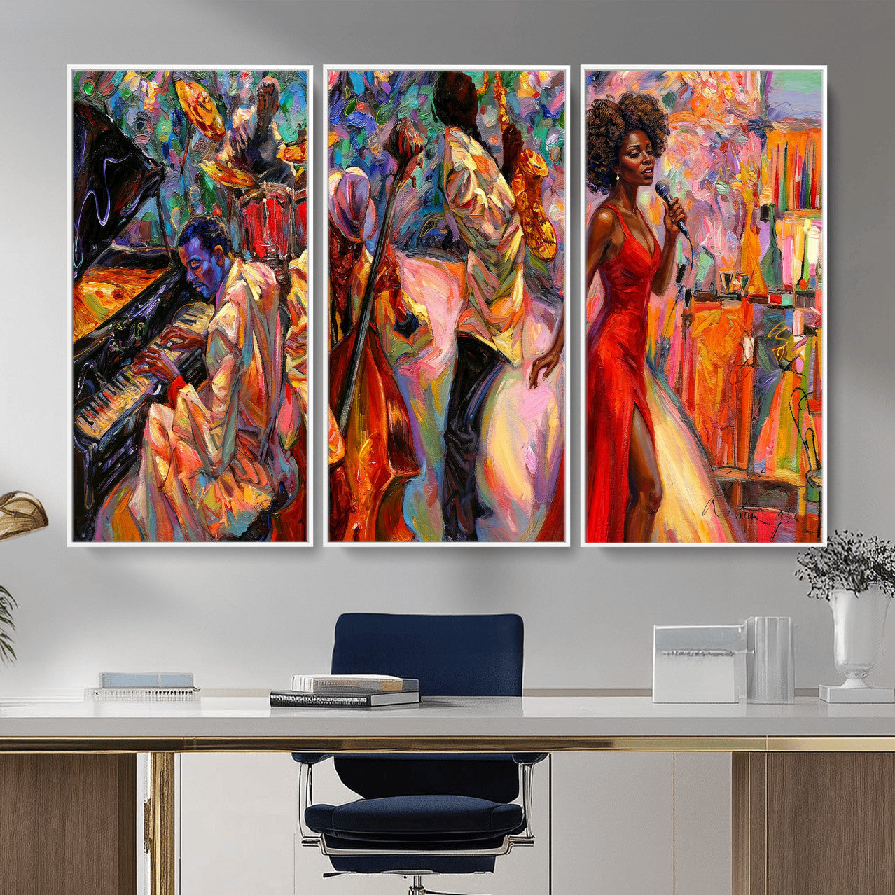72615137-MGV-CV-36X24 - African American Jazz Singer Canvas Art - Red Dress Black Woman Music Print | Colorful Jazz Band Wall Decor | Living Room Gift for Her