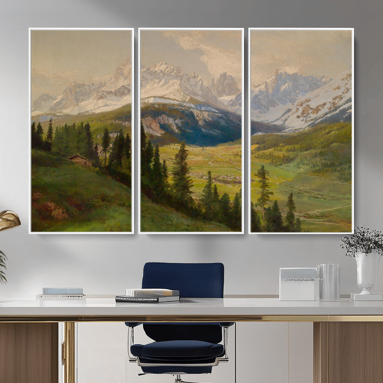 23120262-MGV-CV-36X24 - Konrad Petrides Sexten Village Canvas Print, Alpine Mountain Valley Painting, Dolomites Landscape Art