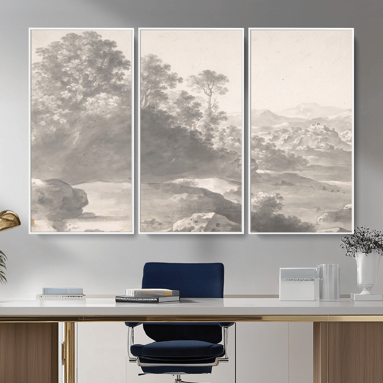 33041209-MGV-CV-36X24 - Van Poelenburch Landscape Canvas Wall Art — Dutch Golden Age Gray Wash Drawing Print | Baroque Italianate Nature Decor | Old Master Classic Gift