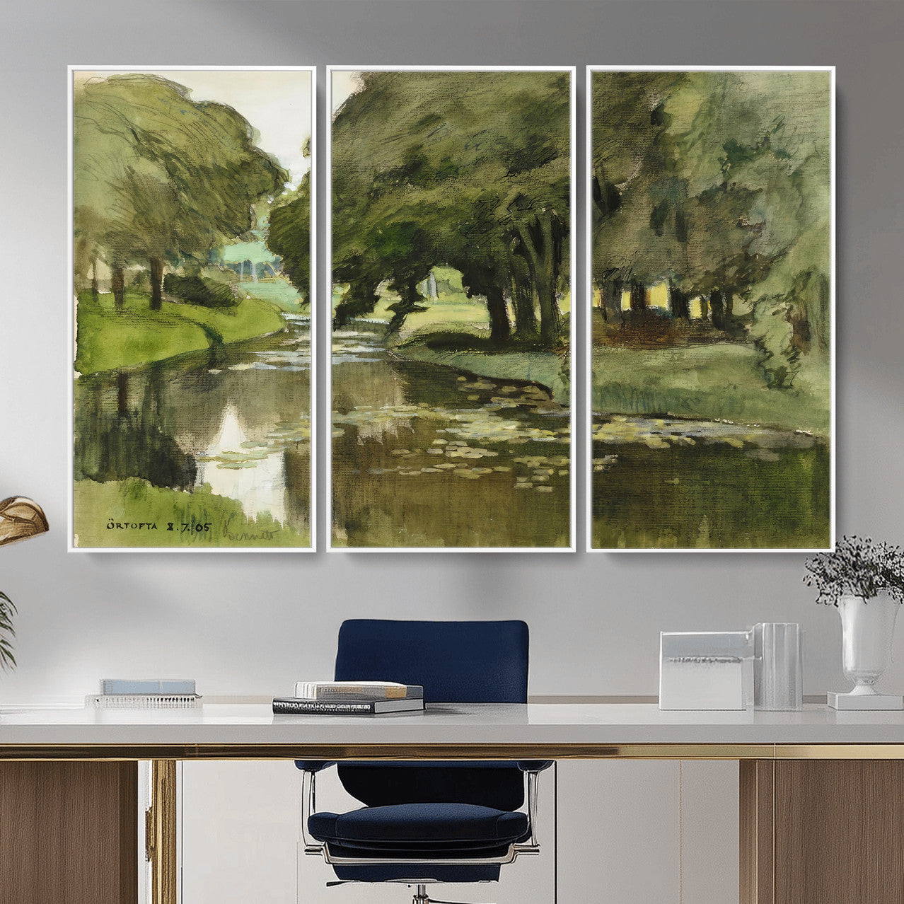 54446767-MGV-CV-36X24 - Anders Zorn Watercolor Canvas Print, Örtofta 1905 Swedish River Landscape, Impressionist Nature Art, Scandinavian Wall Decor, Plein Air Painting Print