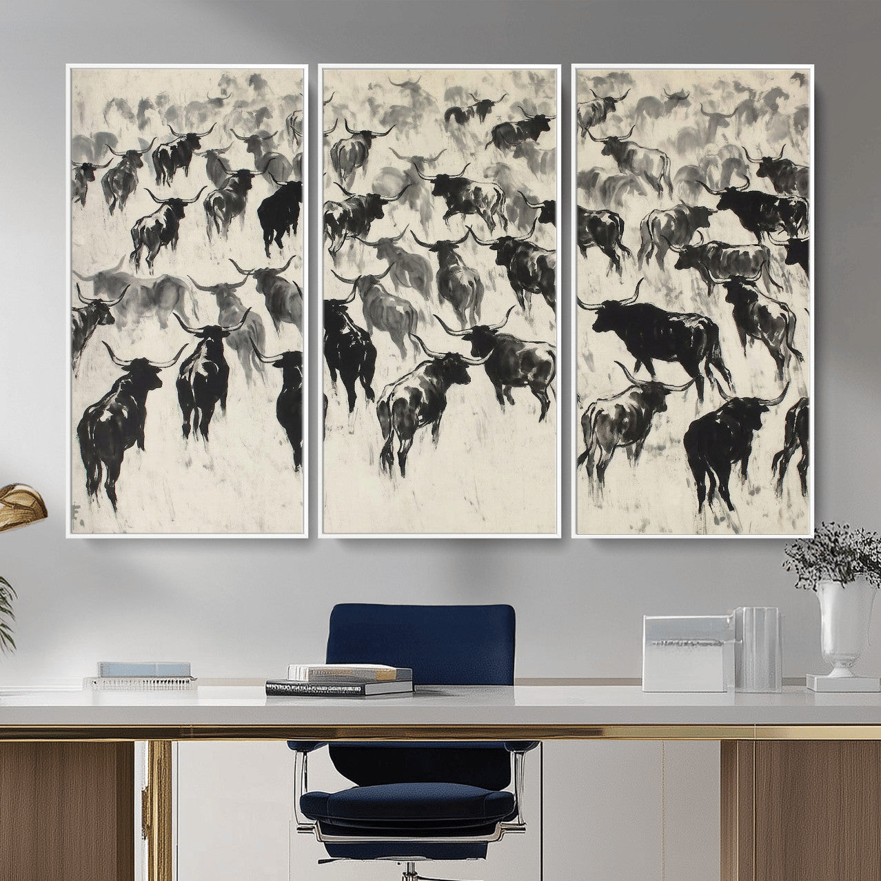 68669792-MGV-CV-36X24 - Longhorn Cattle Canvas Wall Art, Black White Stampede Ink Painting Print, Western Farmhouse Decor, Bull Herd Art, Large Living Room Wall Art, Ranch Home Decor