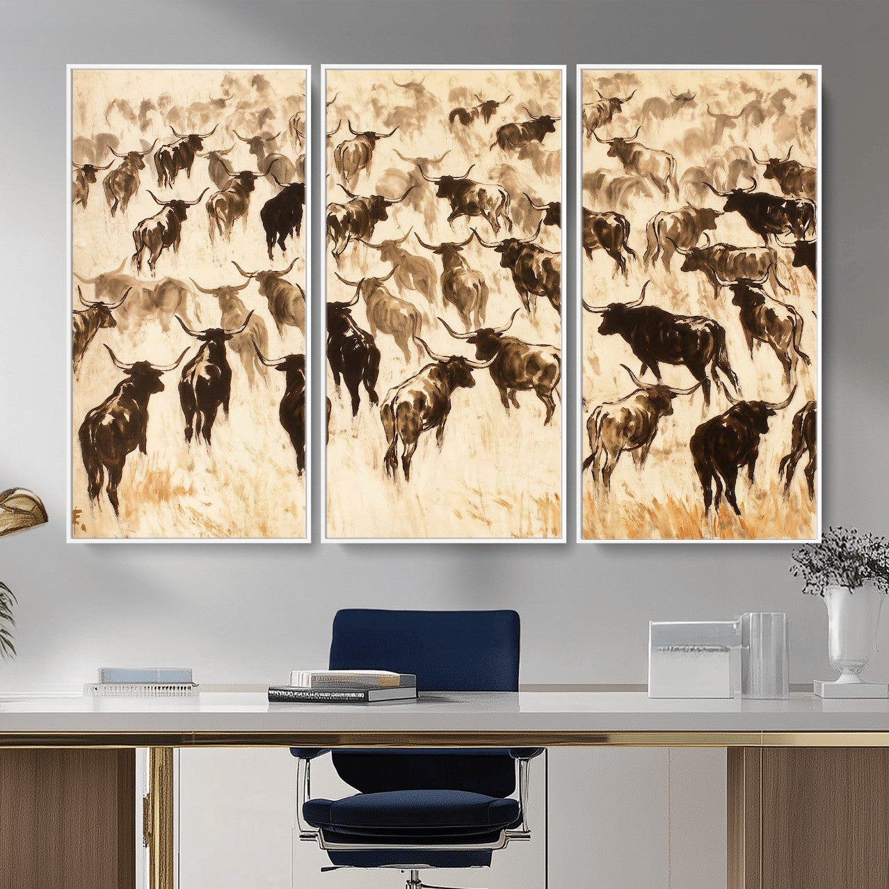 39077774-MGV-CV-36X24 - Texas Longhorn Sepia Canvas Wall Art, Western Cattle Stampede Painting Print, Warm Amber Ranch Decor, Rustic Cowboy Home Art, Large Living Room Decor
