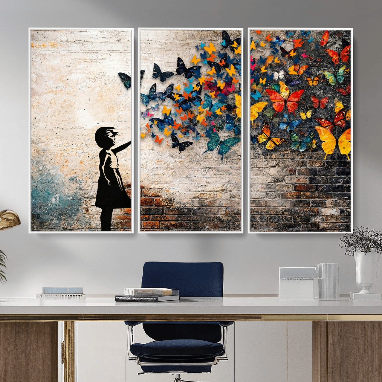 78760384-MGV-CV-36X24 - Banksy Graffiti Butterfly Girl Wall Art Canvas Print, Framed Street Art Canvas Print, Silhouette Butterfly Wall Art for Living Room Bedroom Office