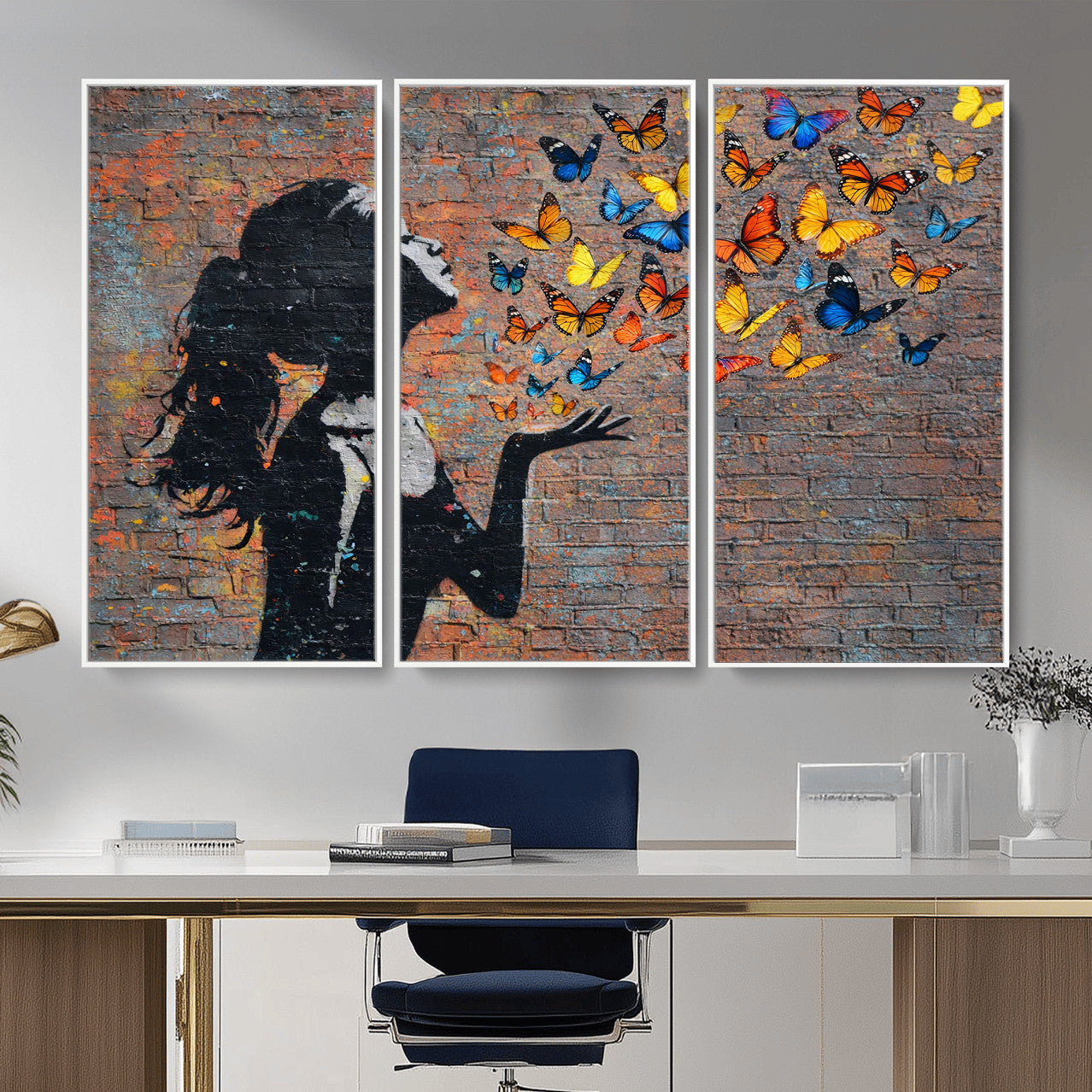 10555939-MGV-CV-36X24 - Urban Banksy Butterfly Girl Wall Art Canvas Print, Framed Street Art Canvas Print, Graffiti Silhouette Butterfly Wall Art for Living Room Bedroom Office