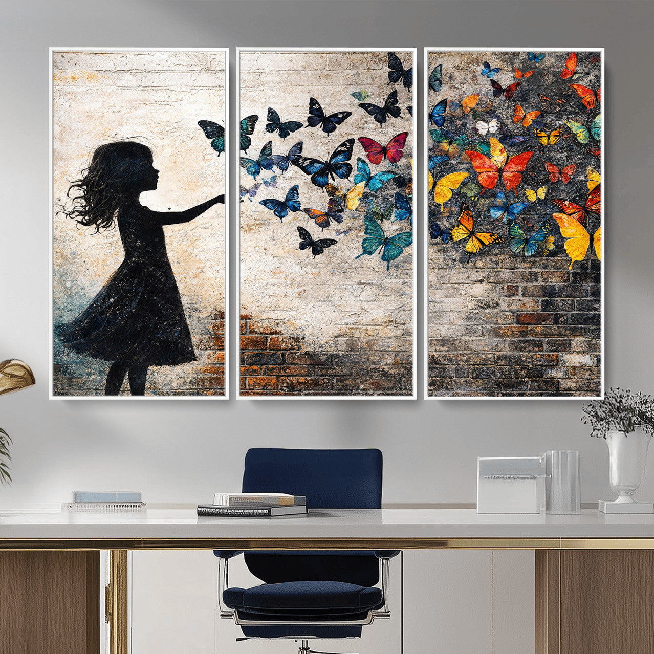 70522594-MGV-CV-36X24 - Banksy Butterfly Girl Wall Art Canvas Print, Framed Street Art Canvas Print, Graffiti Silhouette Butterfly Wall Art for Living Room Bedroom Office