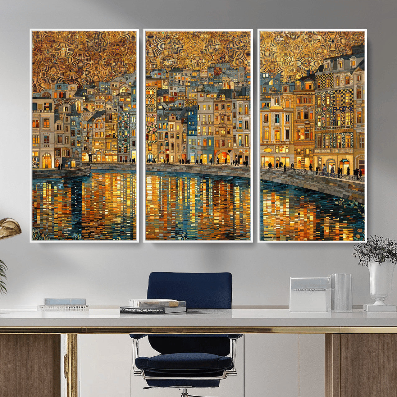 94022787-MGV-CV-36X24 - Gustav Klimt Golden Cityscape Wall Art Canvas Print, Framed River Town Landscape Artwork, Ornate Architecture Wall Decor for Living Room Bedroom Office