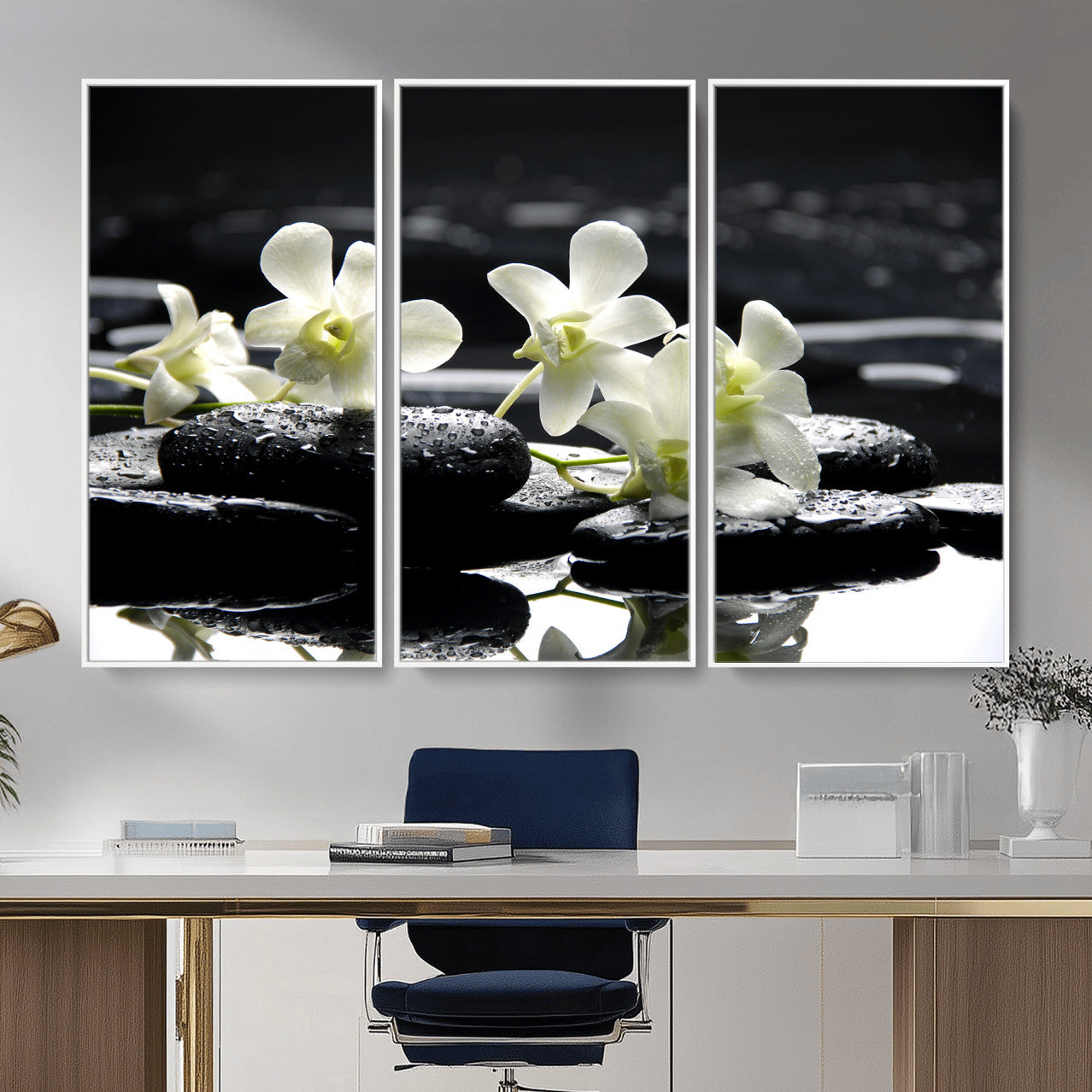 79486206-MGV-CV-36X24 - Plumeria Frangipani Black Stone Canvas | White Flower Spa Photography Print | Tropical Zen Wall Art | Grey Pebble Floral for Meditation Room Decor