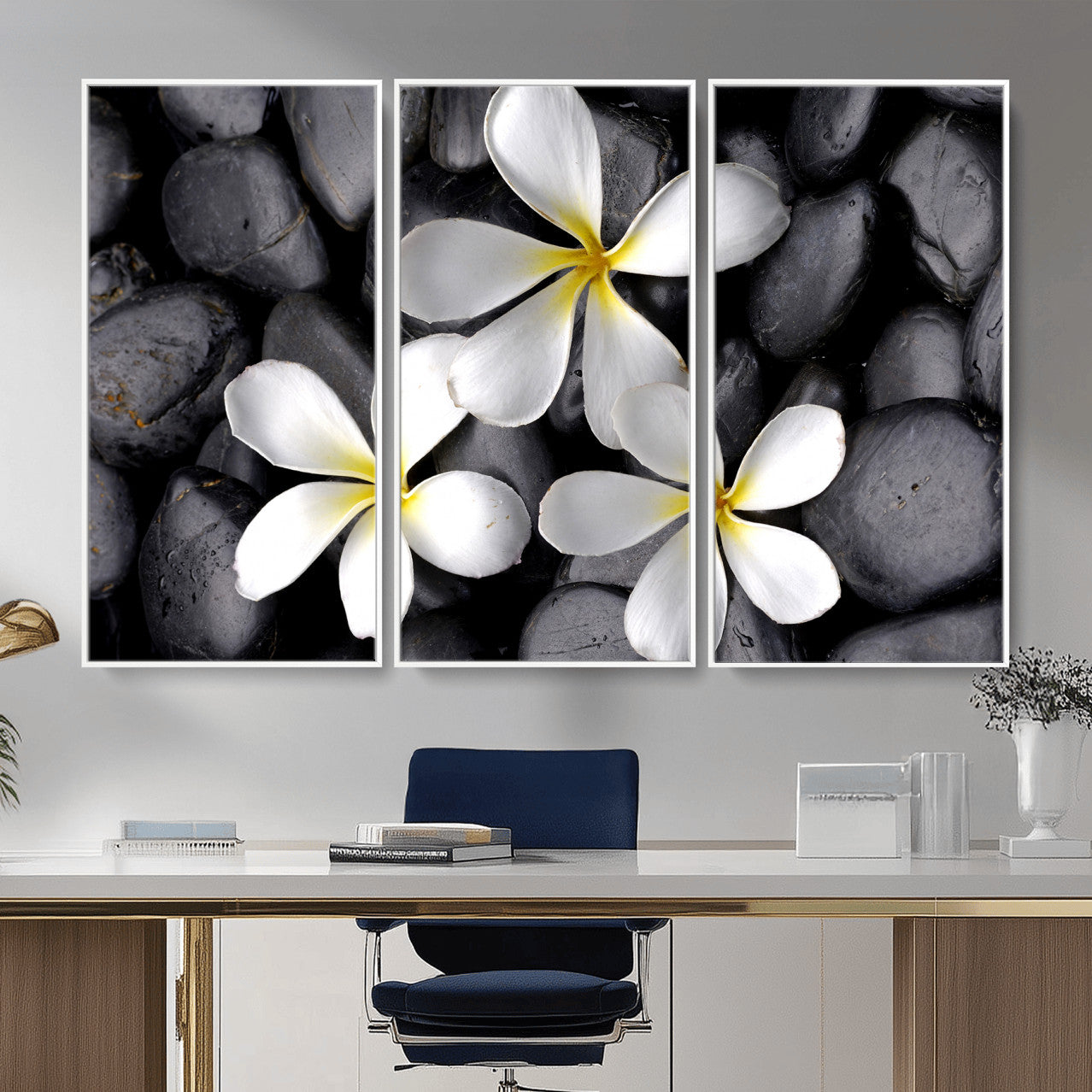 43639613-MGV-CV-36X24 - Plumeria Frangipani Black Stone Canvas | White Flower Spa Photography Print | Tropical Zen Wall Art | Grey Pebble Floral Decor