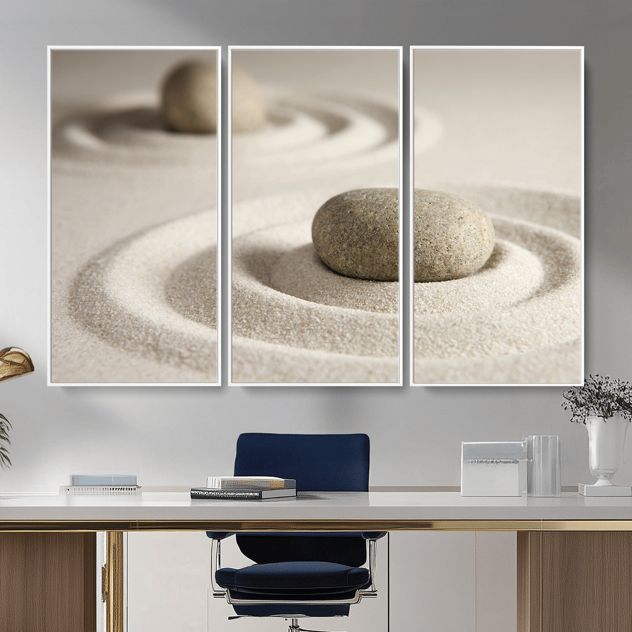 13397966-MGV-CV-36X24 - Zen Garden Stone Sand Canvas | Japanese Rock Garden Wall Art | Minimalist Meditation Print | Neutral Beige Mindfulness Decor