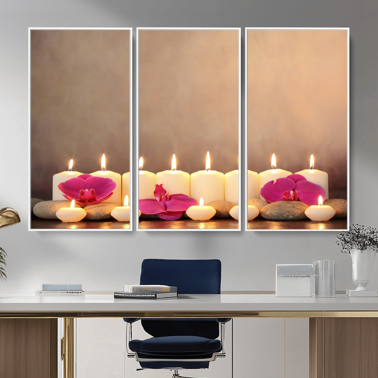 59470569-MGV-CV-36X24 - Spa Candles Orchid Canvas Print | Zen Wellness Relaxation Wall Art | Pink Flower Candlelight Bathroom Decor | Calm Beige Photography