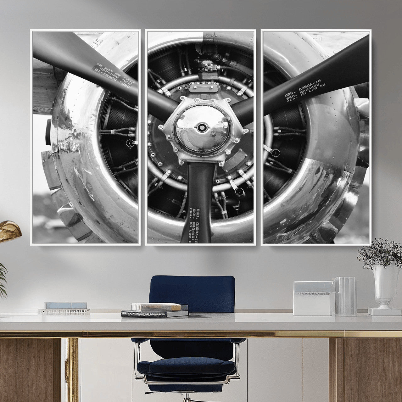 73322230-MGV-CV-36X24 - Vintage Propeller Plane Wall Art Canvas Print, Black and White Airplane Engine Close Up Framed Aviation Artwork for Pilot Office Hangar Decor