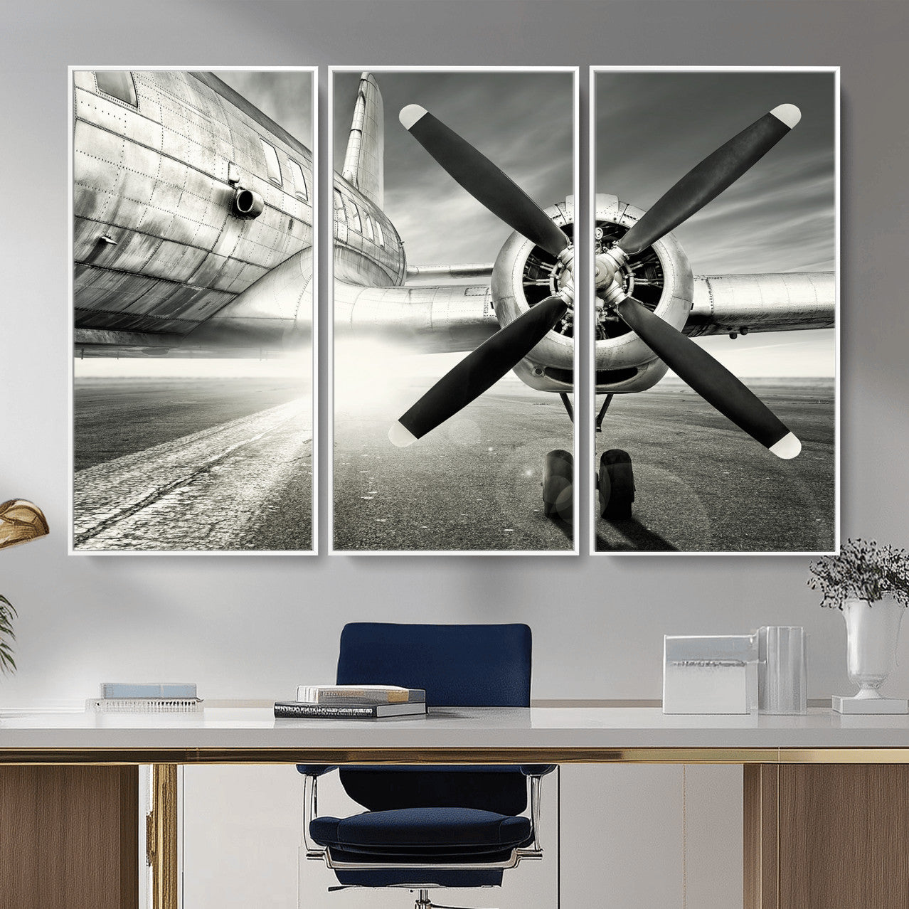 16420255-MGV-CV-36X24 - Vintage Airplane Wall Art Canvas Print, Black and White Propeller Aircraft Framed Aviation Artwork for Pilot Office Hangar Living Room Decor