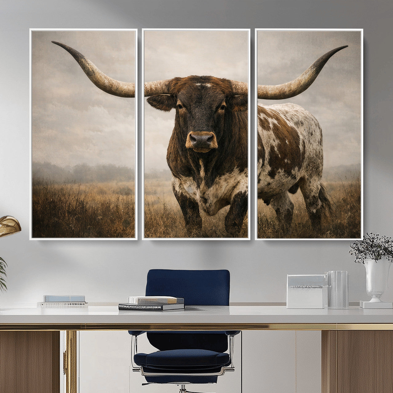 17622011L-MGV-CV-36X24 - Longhorn Bull Wall Art Canvas Print, Western Farmhouse Cowboy Decor, Rustic Texas Ranch Cattle Artwork for Living Room Bedroom Office, Framed Wall Decor