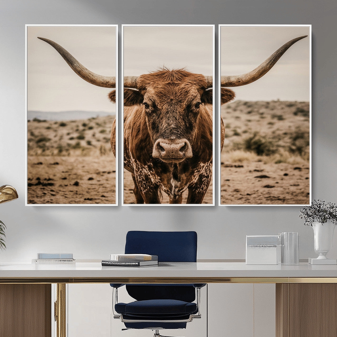 17622011K-MGV-CV-36X24 - Texas Longhorn Bull Wall Art Canvas Print, Western Farmhouse Cowboy Decor, Rustic Texas Ranch Cattle Artwork for Living Room Bedroom Office, Framed Wall Decor