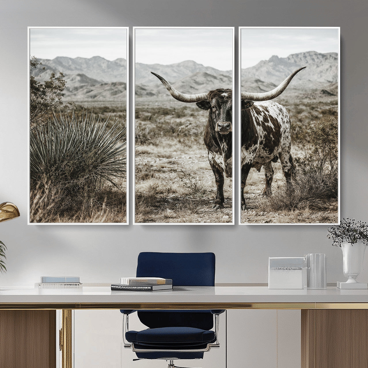 17622011H-MGV-CV-36X24 - Texas Longhorn Bull Wall Art Canvas Print, Western Farmhouse Cowboy Decor, Rustic Texas Ranch Cattle Artwork for Living Room Bedroom Office, Framed Wall Decor