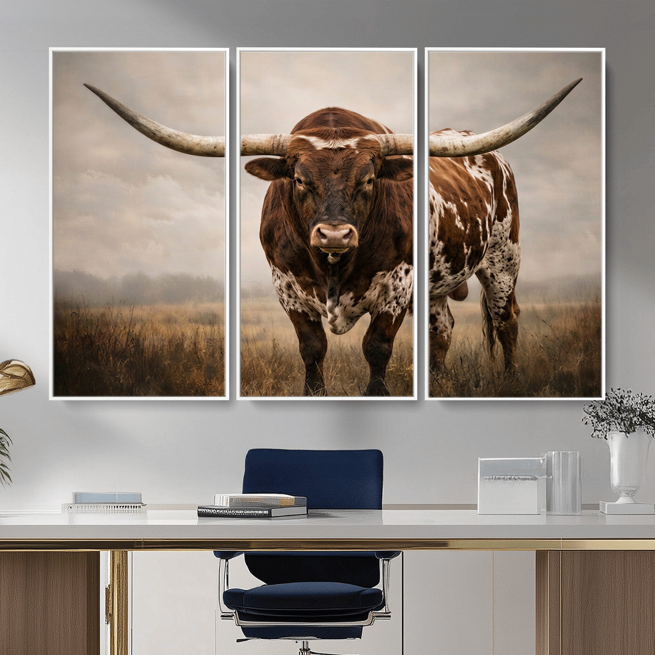 25239047-MGV-CV-36X24 - Texas Longhorn Canvas Wall Art Western Bull Desert Moody Grey Overcast Rustic Farmhouse Framed Large for Living Room Bedroom Office Decor