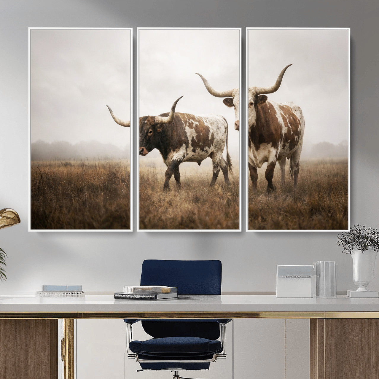 92881702-MGV-CV-36X24 - Texas Longhorn Canvas Wall Art Western Bull Desert Moody Grey Overcast Rustic Farmhouse Framed Large for Living Room Bedroom Office Decor