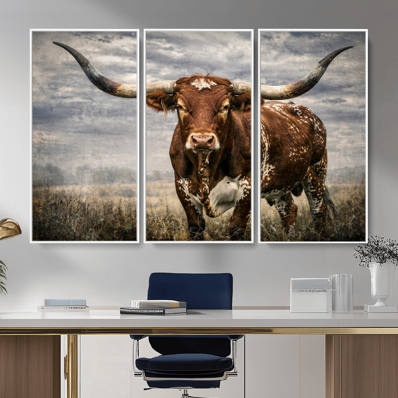 14372769-MGV-CV-36X24 - Texas Longhorn Canvas Wall Art Western Bull Desert Moody Grey Overcast Rustic Farmhouse Framed Large for Living Room Bedroom Office Decor