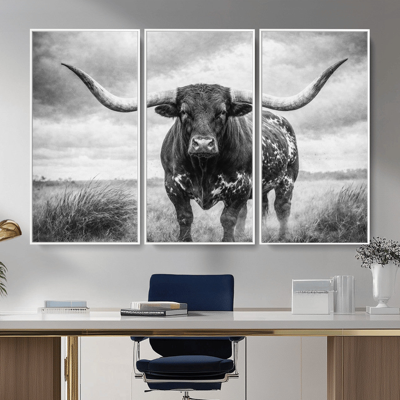 19951238-MGV-CV-36X24 - Texas Longhorn Canvas Wall Art Western Bull Desert Moody Grey Overcast Rustic Farmhouse Framed Large for Living Room Bedroom Office Decor