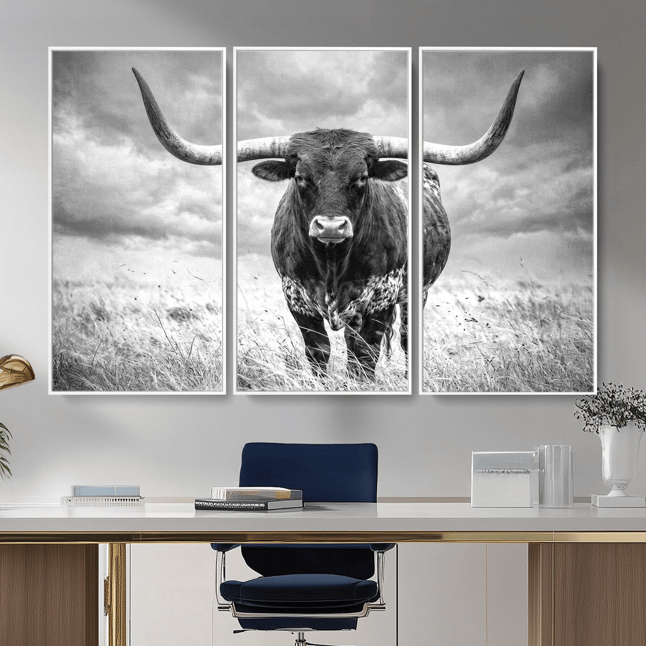 63336115-MGV-CV-36X24 - Texas Longhorn Canvas Wall Art Western Bull Desert Moody Grey Overcast Rustic Farmhouse Framed Large for Living Room Bedroom Office Decor
