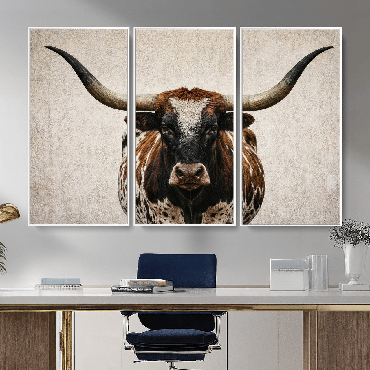 58622065-MGV-CV-36X24 - Texas Longhorn Canvas Wall Art Western Bull Desert Moody Grey Overcast Rustic Farmhouse Framed Large for Living Room Bedroom Office Decor