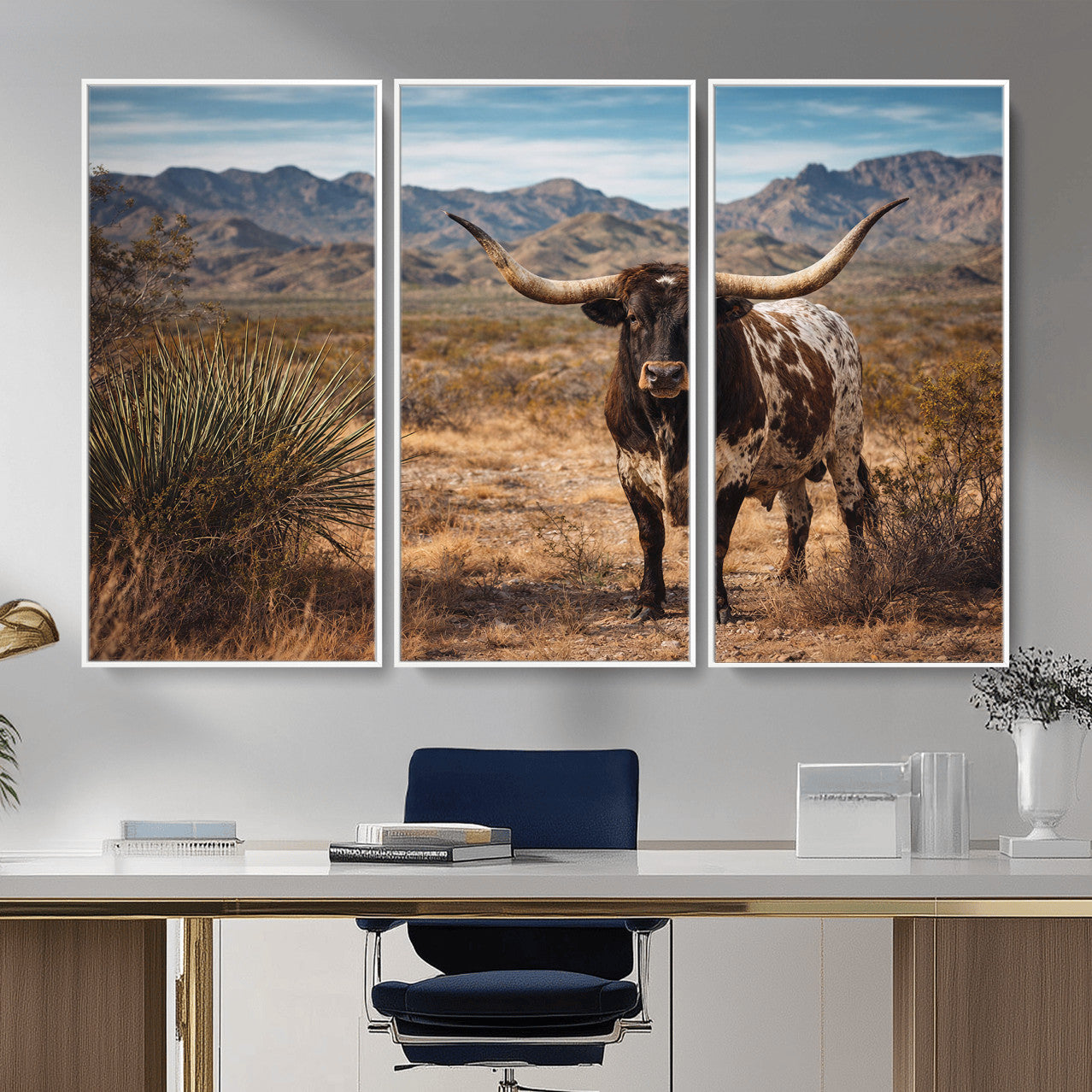 26448918-MGV-CV-36X24 - Texas Longhorn Canvas Wall Art Western Bull Desert Moody Grey Overcast Rustic Farmhouse Framed Large for Living Room Bedroom Office Decor