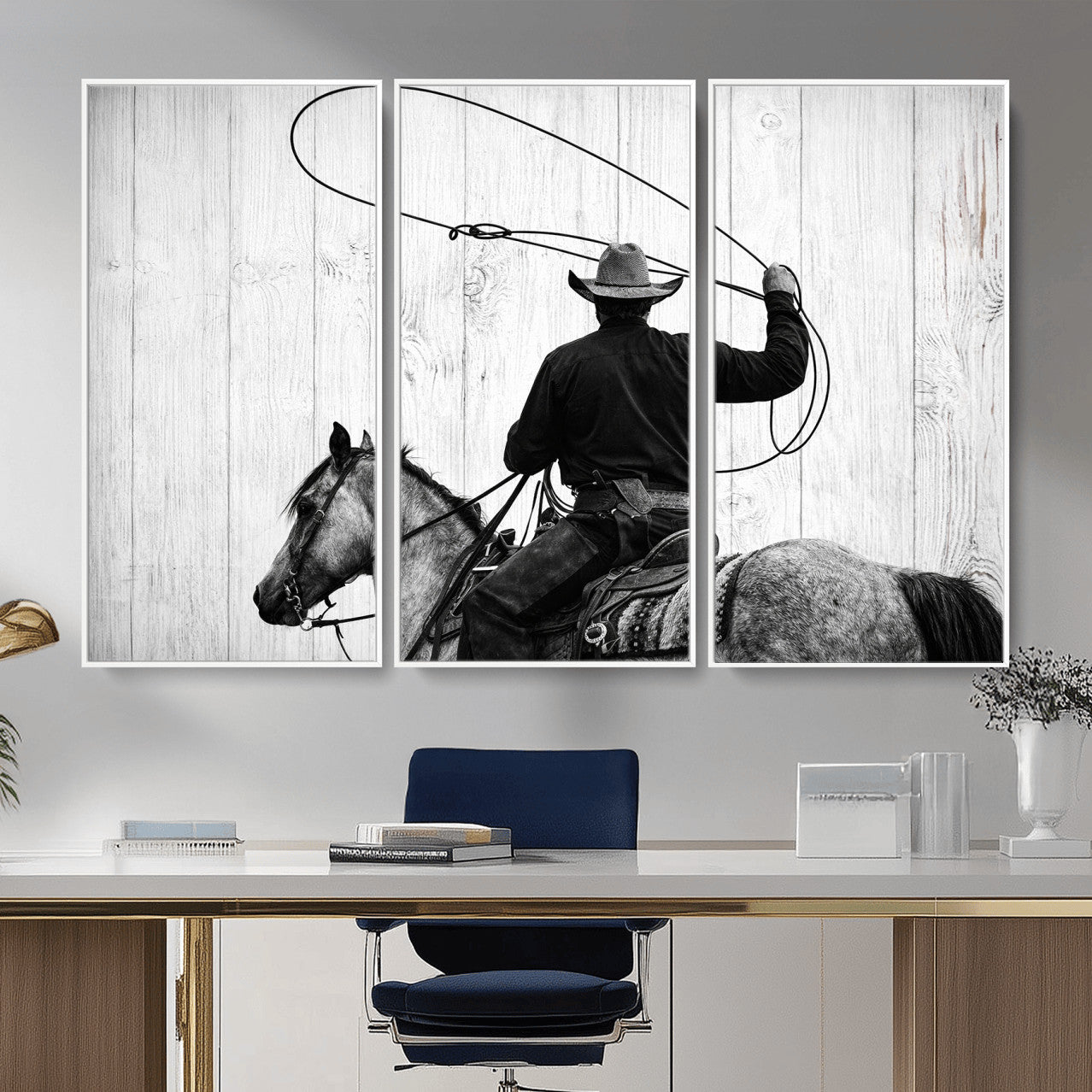 22569358-MGV-CV-36X24 - Cowboy Lasso Canvas Wall Art, Black White Western Horse Photo Print, Rustic Ranch Rodeo Decor, Farmhouse Western Art, Cowboy Gift for Him