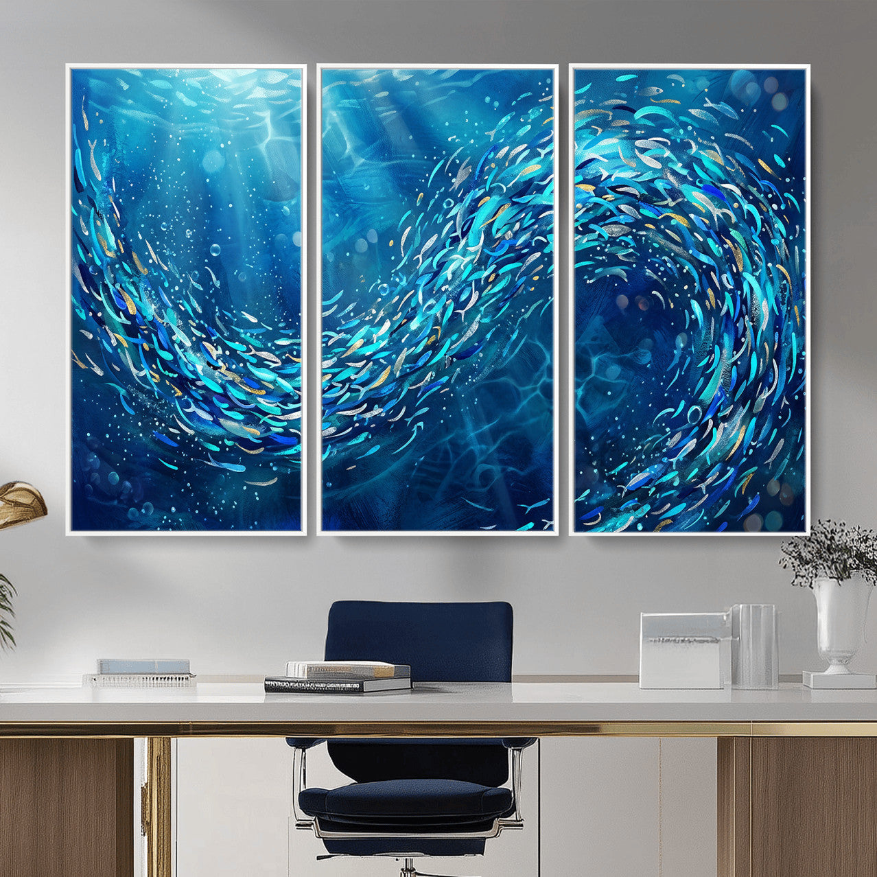 54535639-MGV-CV-36X24 - School of Fish Canvas Print | Blue Ocean Underwater Wall Art | Swirling Fish Shoal Illustration | Marine Navy Coastal Decor