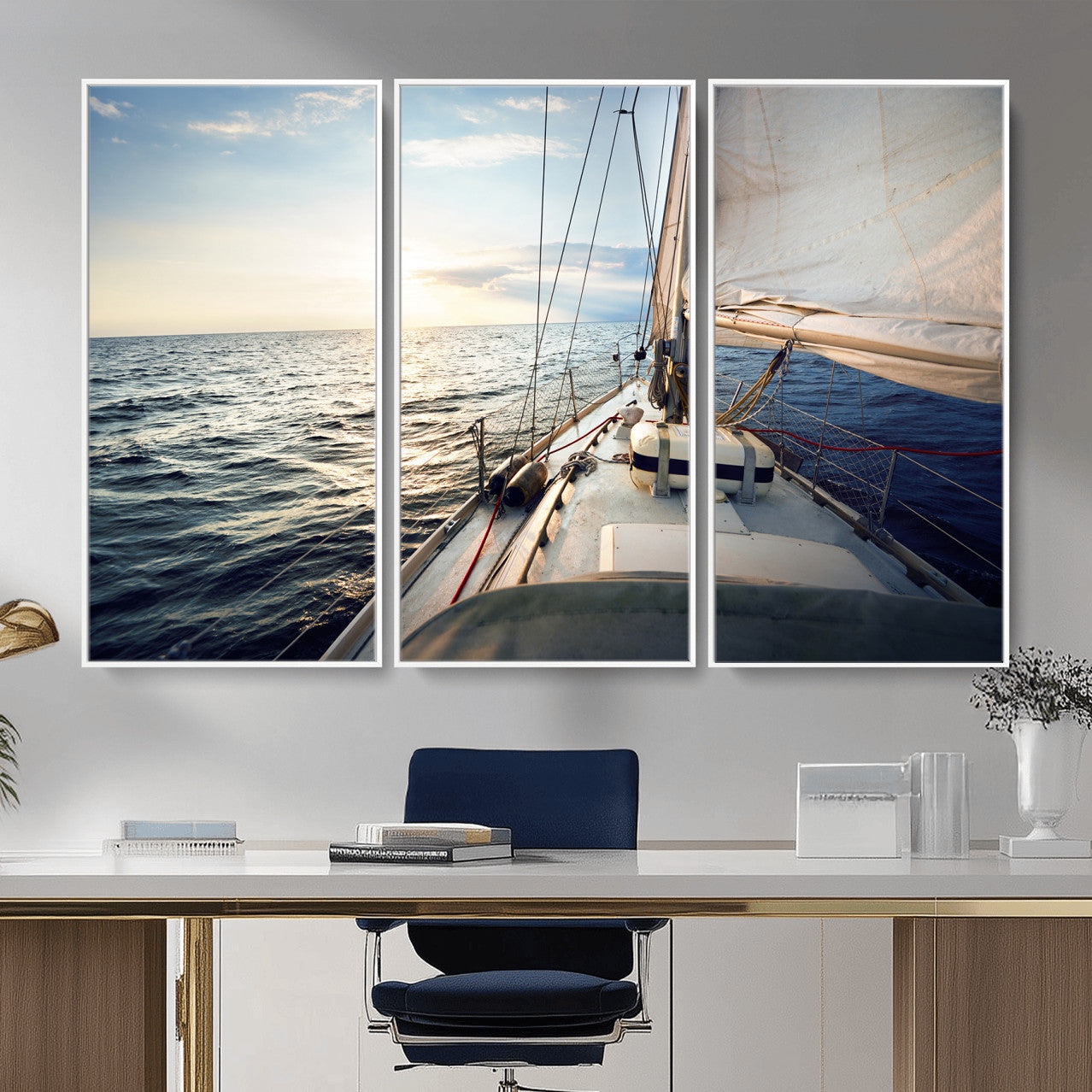 76381335-MGV-CV-36X24 - Sailboat Wall Art Canvas Print, Ocean Sunset Sailing Framed Artwork, Coastal Nautical Seascape Decor for Living Room Office Beach House