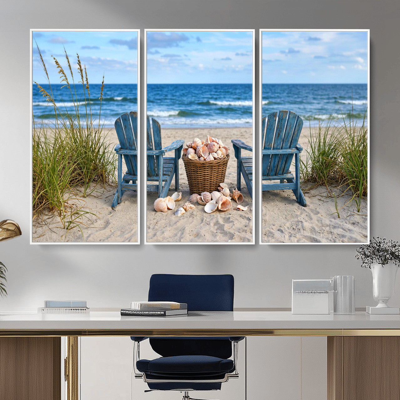 80268829-MGV-CV-36X24 - Large Beach Canvas Wall Art Coastal Adirondack Chairs Ocean Seashells Blue Nautical Framed Large for Living Room Bedroom Bathroom Decor