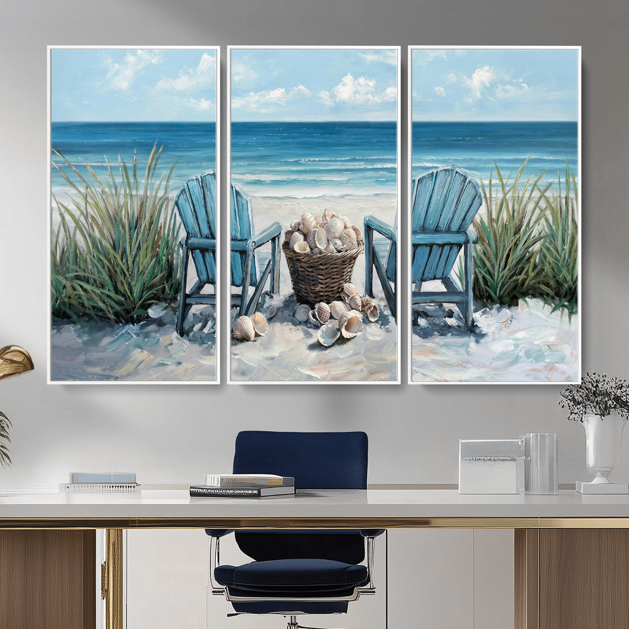 11973028-MGV-CV-36X24 - Beach Canvas Wall Art Coastal Adirondack Chairs Ocean Seashells Blue Nautical Framed Large for Living Room Bedroom Bathroom Decor