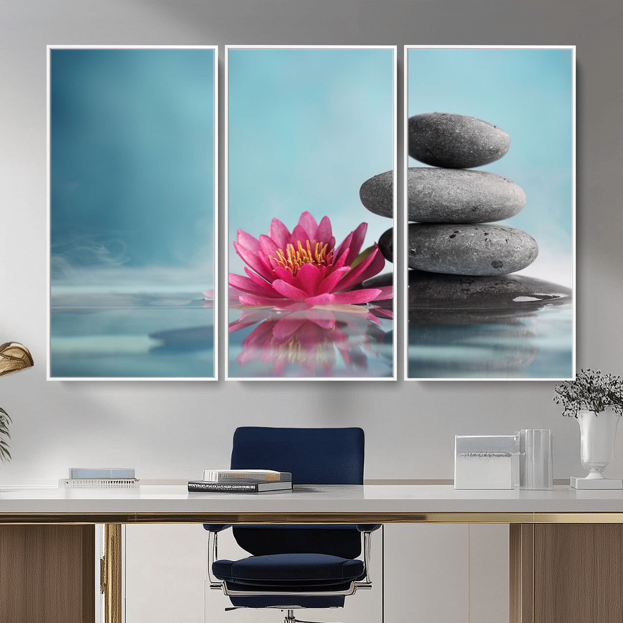 84293154-MGV-CV-36X24 - Zen Canvas Wall Art Lotus Flower Stacked Stones Teal Spa Meditation Relaxation Framed Large for Bathroom Bedroom Living Room Office Decor